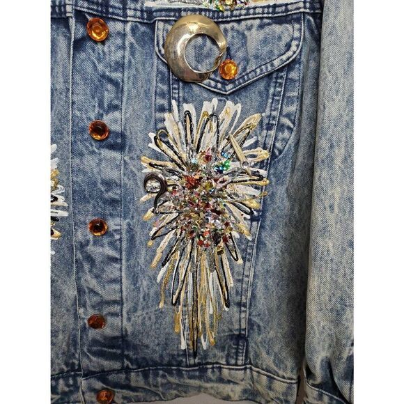 Hot Stuff by Suzy Ryan Signed Art To Wear Sunflower Embellished Denim Jacket - Picture 4 of 12